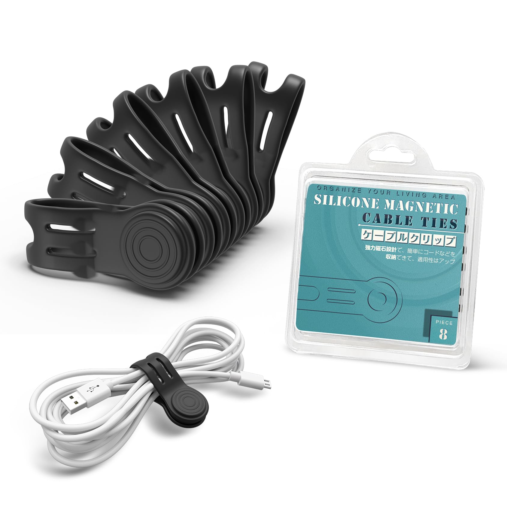 Kcmell Magnetic Cable Ties 8 Pieces, Black Reusable Cable Ties Cable Organisers Magnetic Cable Clips Silicone Cord Organiser Cable Straps for Organizing and Bundling Wires, Earphone, Charger