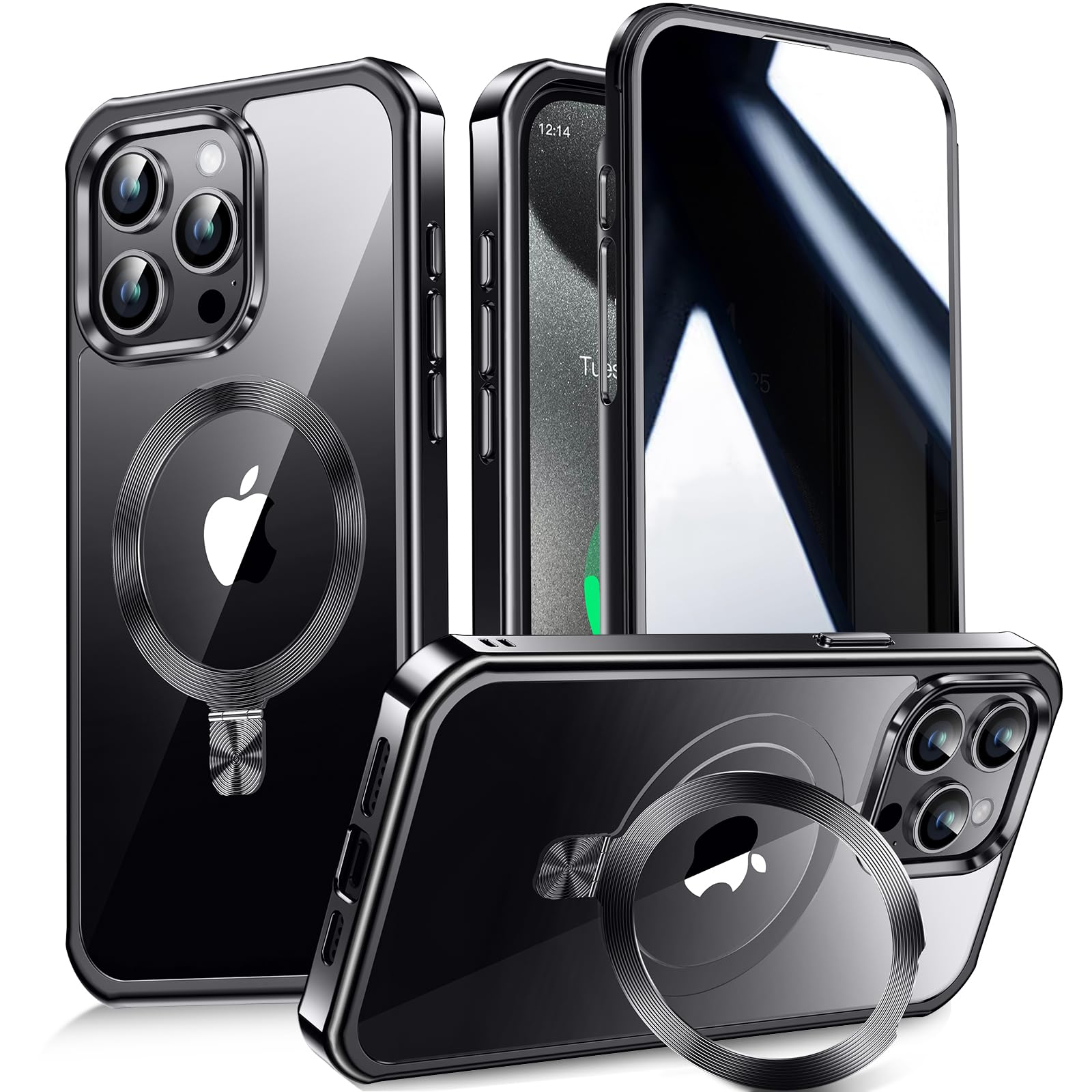 Photo 1 of [CD Metal Ring Stand + Built-in Privacy Screen Protector] Magnetic Case for iPhone 15 Pro 6.1" [Soft Bumper Full Signal] [Compatible with MagSafe] 9H Glass Full Body Shockproof Clear Case, Black