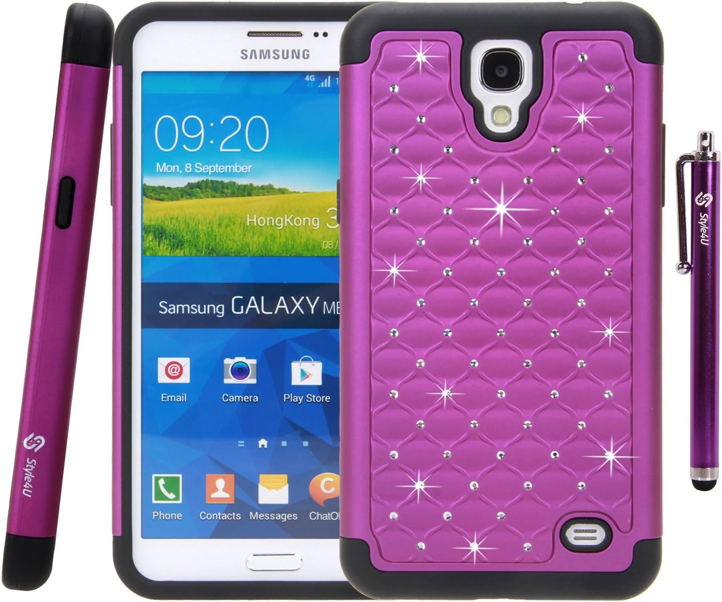 Galaxy Mega 2 Case, Mega 2 Bling Case, Style4U Galaxy Mega 2 Studded Rhinestone Crystal Bling Hybrid Armor Case Cover for Samsung Galaxy Mega 2 G750F with 1 Screen Protector and 1 Stylus [Purple / Black]