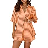 FreeCute Striped Sets Women 2 Piece Outfits Button Down Shirt and Shorts Waffle Knit Lounge Set Matching Pajamas
