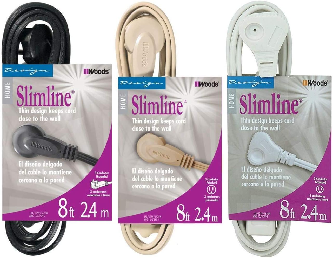 SlimLine 2241 Flat Plug Extension Cord, 3-Wire, White, 8-Foot (Beige + Black + White)