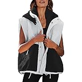 Nirovien Womens Oversized Quilted Vest Color Block Fleece Vest Button Down Padded Outwear Removeable Hooded with Pockets(White Black,L)