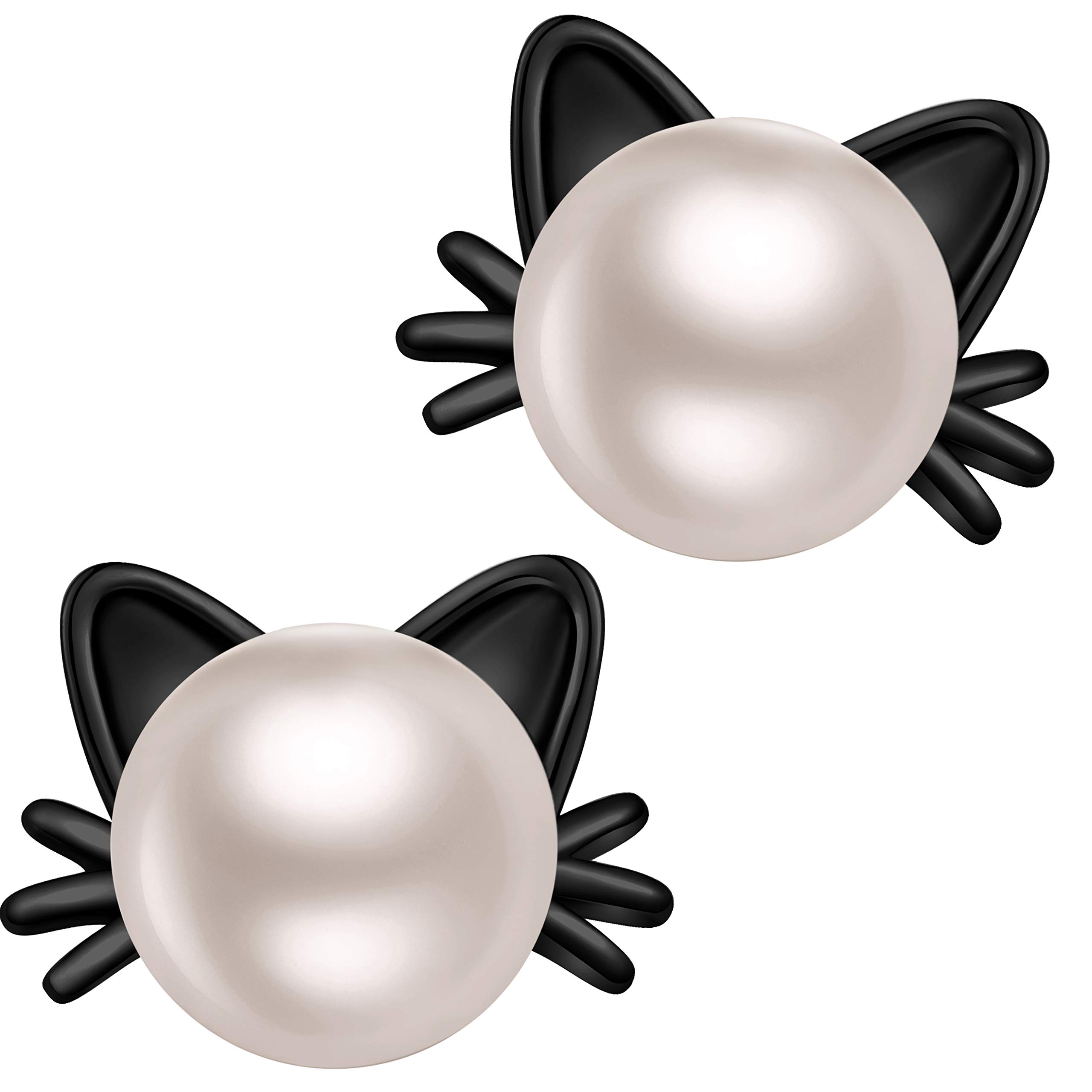 Jiahanzb Cat Earring Pearl Stud Earrings 925 Sterling Silver Black Cat Ear dangler for Women 8 mm