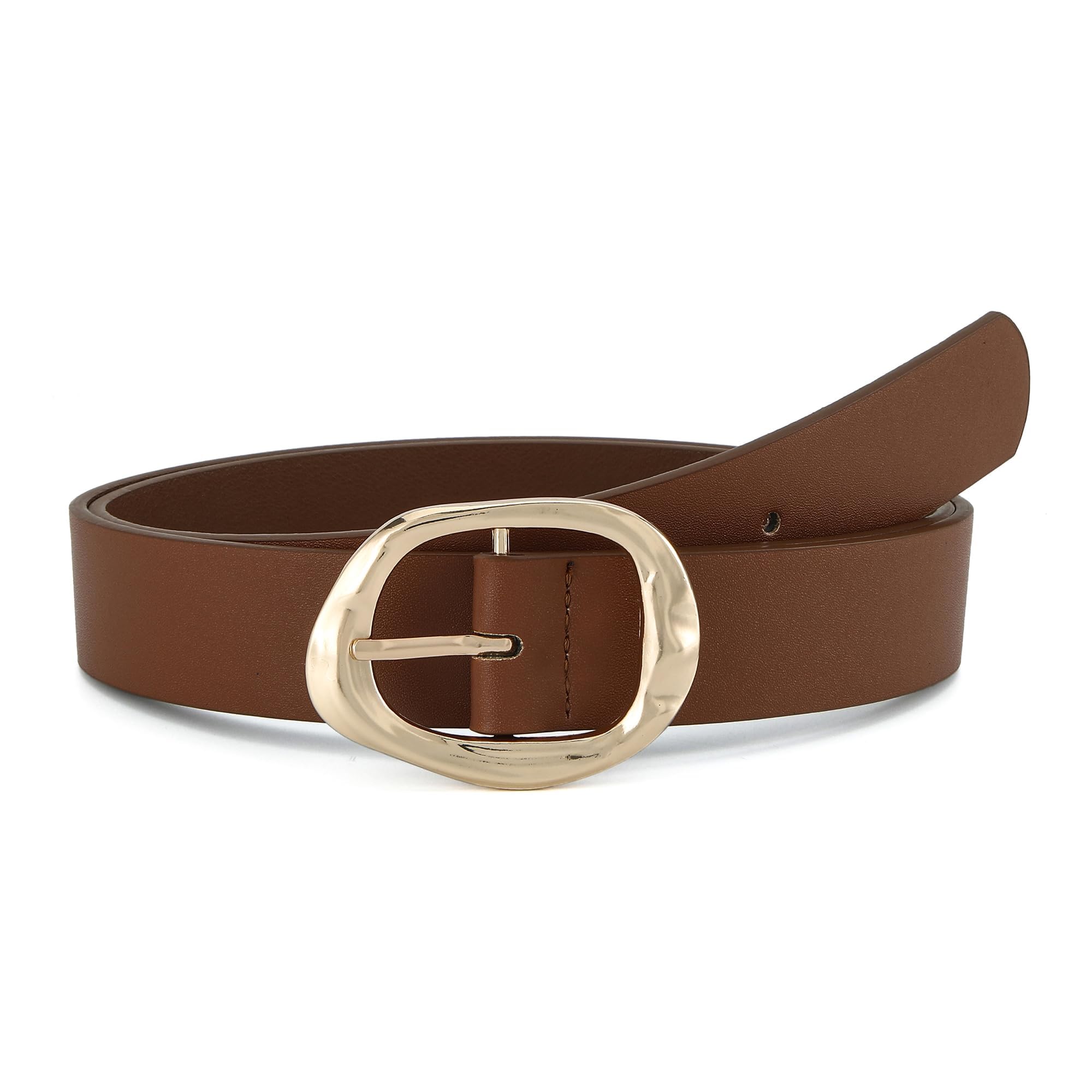 Photo 1 of Earnda Brown Leather Belts for Women Casual Fashion Waist Belt with Liquid Shapes Gold Buckle for Jeans Pants Dresses 1.18" Width X-Small