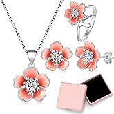 Pink Flower Earrings Necklace with cute Adjustable Ring, Cherry Blossom Earring Flower Jewelry for Women