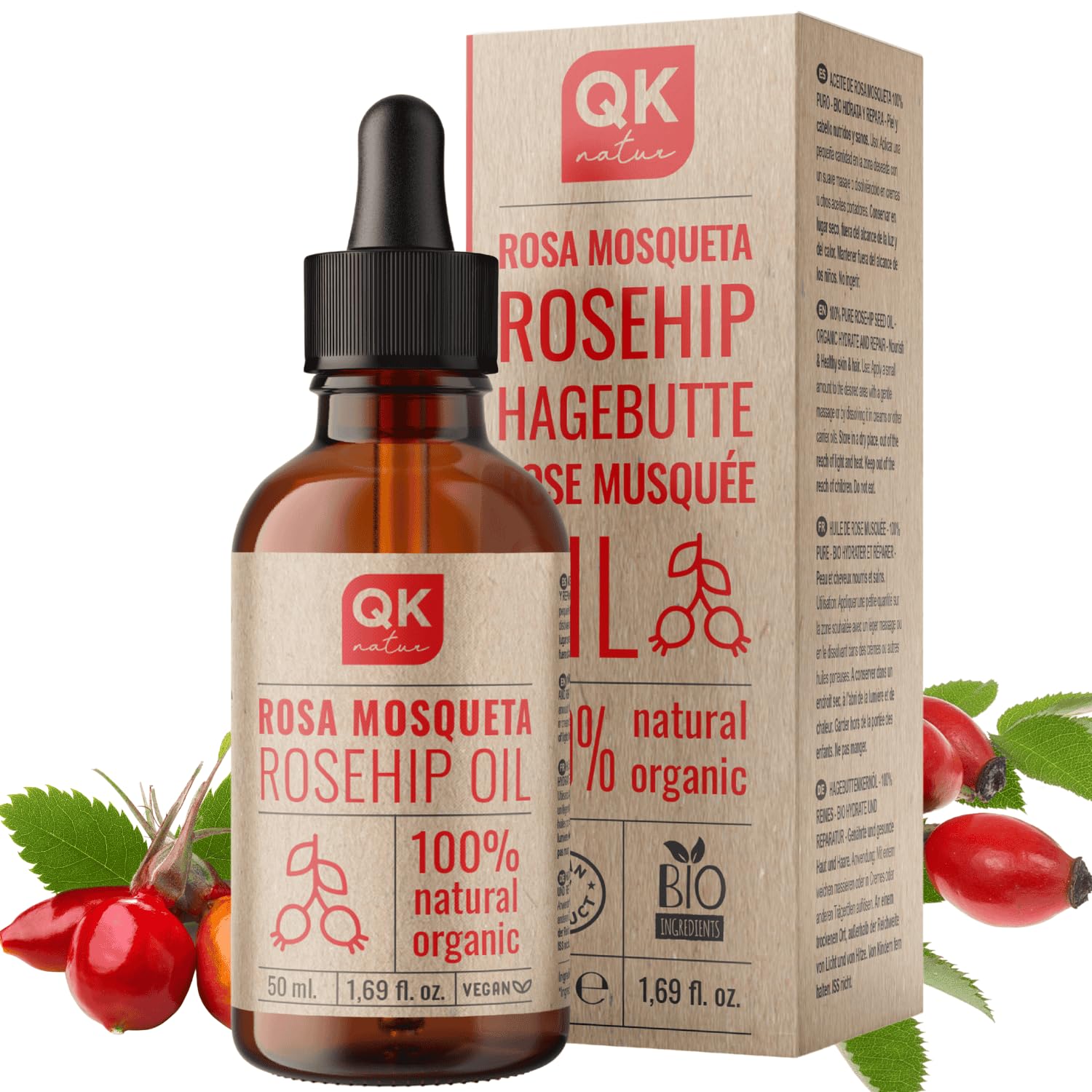 Rosehip Oil 100% Pure Organic Vegan - 50 ml glass bottle- for Scars and Stretch Marks - Anti-wrinkle Anti-aging- BIO - Cold Pressed