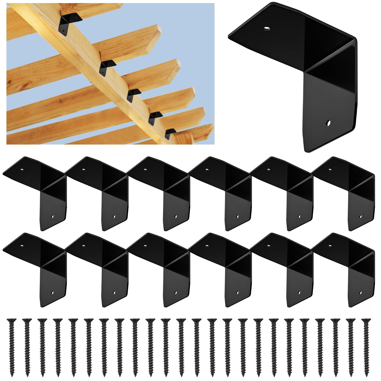 Photo 1 of MorningRo 12 Pcs Black Pergola Hardware Rafter Clips Galvanized Steel Rafter Brackets Hurricane Clips Brackets Ties with Screws for Lumber Pergola, Timber Beam, Ceiling Joist (4 Inch)