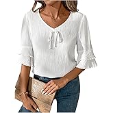 SHENHE Women's Summer Linen Blouse Ruffle Short Sleeve V Neck Casual Dressy Going Out Top Shirt