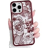 NITITOP Compatible with iPhone 16 Pro Max Case Clear Cute Rose Flower Floral Leaves Pattern for Women Girls Color Frame Slim Durable Shockproof Protective Phone Cover - Wine Red