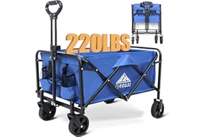 CHINNLUU Foldable Wagon with 220lbs Large Capacity, Lightweight Collapsible Utility Wagon Cart for Outdoor, All-Terrain Silent Universal Wheels, Two Cup Holders