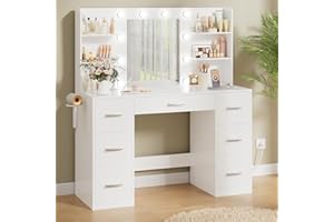 Acurax Makeup Vanity Desk with Mirror and 10 Lights, Table with 7 Drawers and 4 Open Shelves, 3 Color Modes and Adjustable Brightness, Charging Station for Bedroom, White