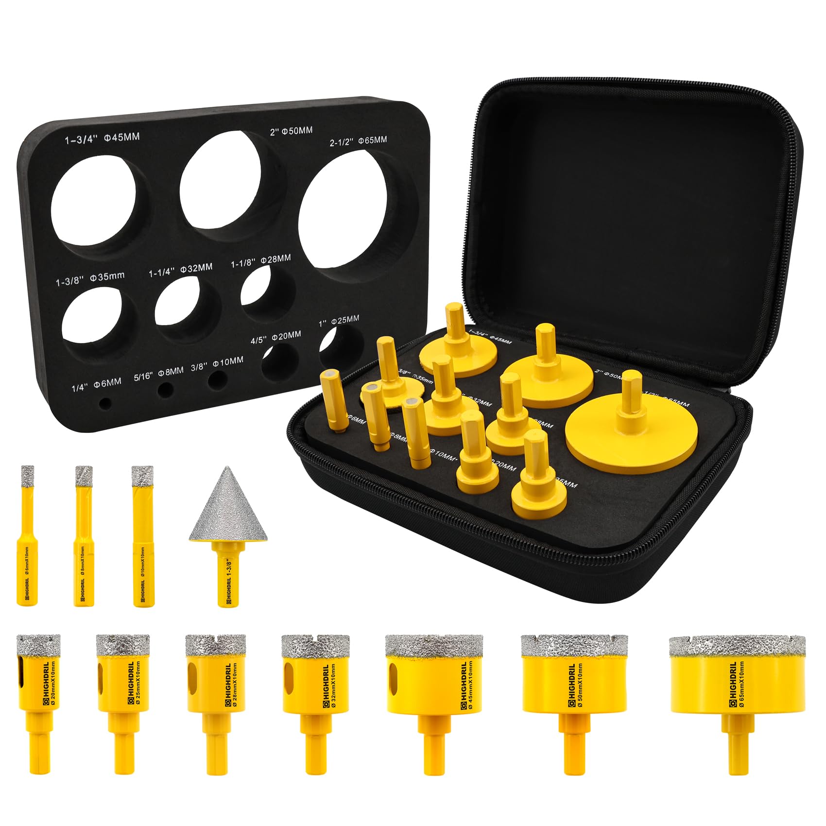 HIGHDRIL Diamond Hole Saw Kit - 6/8/10/20/25/28/32/45/50/65mm Drill Bits,35mm Chamfer Bit,11Pcs Diamond Core Drill Bit Set for Porcelain Ceramic Tile Granite Marble