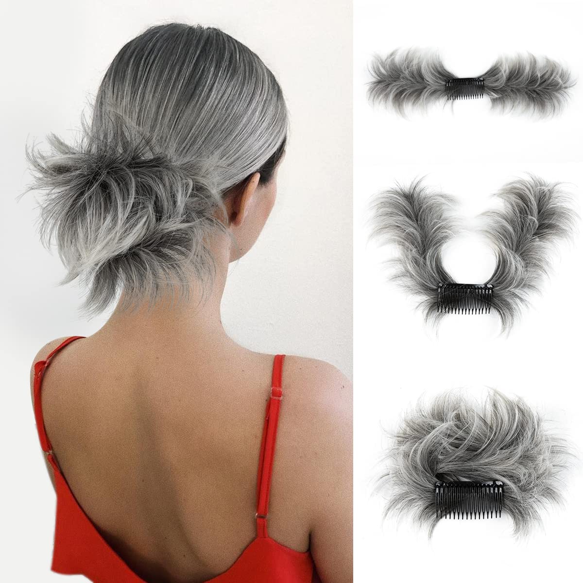 SARLA Messy Bun Hair Piece Side Comb Clip in Synthetic Hair Bun Hairpiece for Women Short Curved Versatile Adjustable Styles Easy Hair pieces (Black mix Gray and Platinum Blonde Tips)