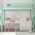 Allewie Metal Loft Bed Twin Size with Guardrail and Ladder, Small Space Saving Design for Bedroom Kid Room and Dorm, No Box Spring Needed, Green