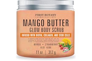 FIRST BOTANY Mango Butter Body Scrub Exfoliator Biotin, Collagen, Stem Cells - Natural Exfoliating Salt Scrub & Body and Face Souffle helps with Moisturizing Skin, Acne, Cellulite, Dead Skin Scars, Wrinkles- 11 oz