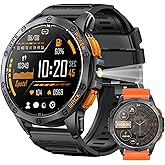 Military Smart Watches Built-in GPS, 170+ Sport Modes for Men with Flashlight, Smartwatch for Android Phones and iPhone, 1.43" AMOLED Screen Bluetooth Call Compass Altimeter (Black & Orange (2 Bands))