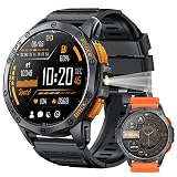 Military Smart Watches Built-in GPS, 170+ Sport Modes for Men with Flashlight, Smartwatch for Android Phones and iPhone, 1.43" AMOLED Screen Bluetooth Call Compass Altimeter (Black & Orange (2 Bands))