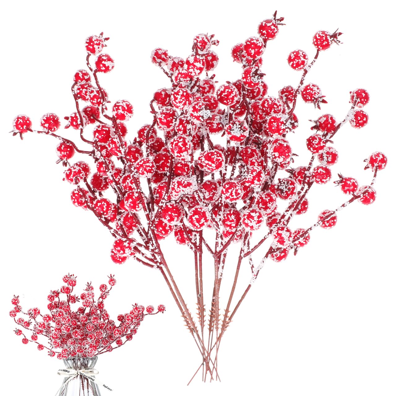ifundom 10Pcs Artificial Red Berry Stems, Christmas Holly Berries Wire Stems Fake Berries Picks for Home Wedding Christmas Tree Decoration