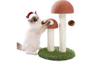 PETEPELA Cat Scratching Post, Mushroom Tall Cat Scratcher Featuring with Natural Sisal Scratching Poles and Interactive Toy Ball for Kittens and Small Cats (Brown)