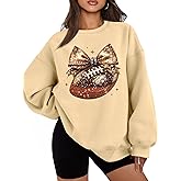 Football Sweatshirt Women Cute Football Bow Ribbons Graphic Pullover Shirt Football Season Long Sleeve Tops(Apricot,Large)