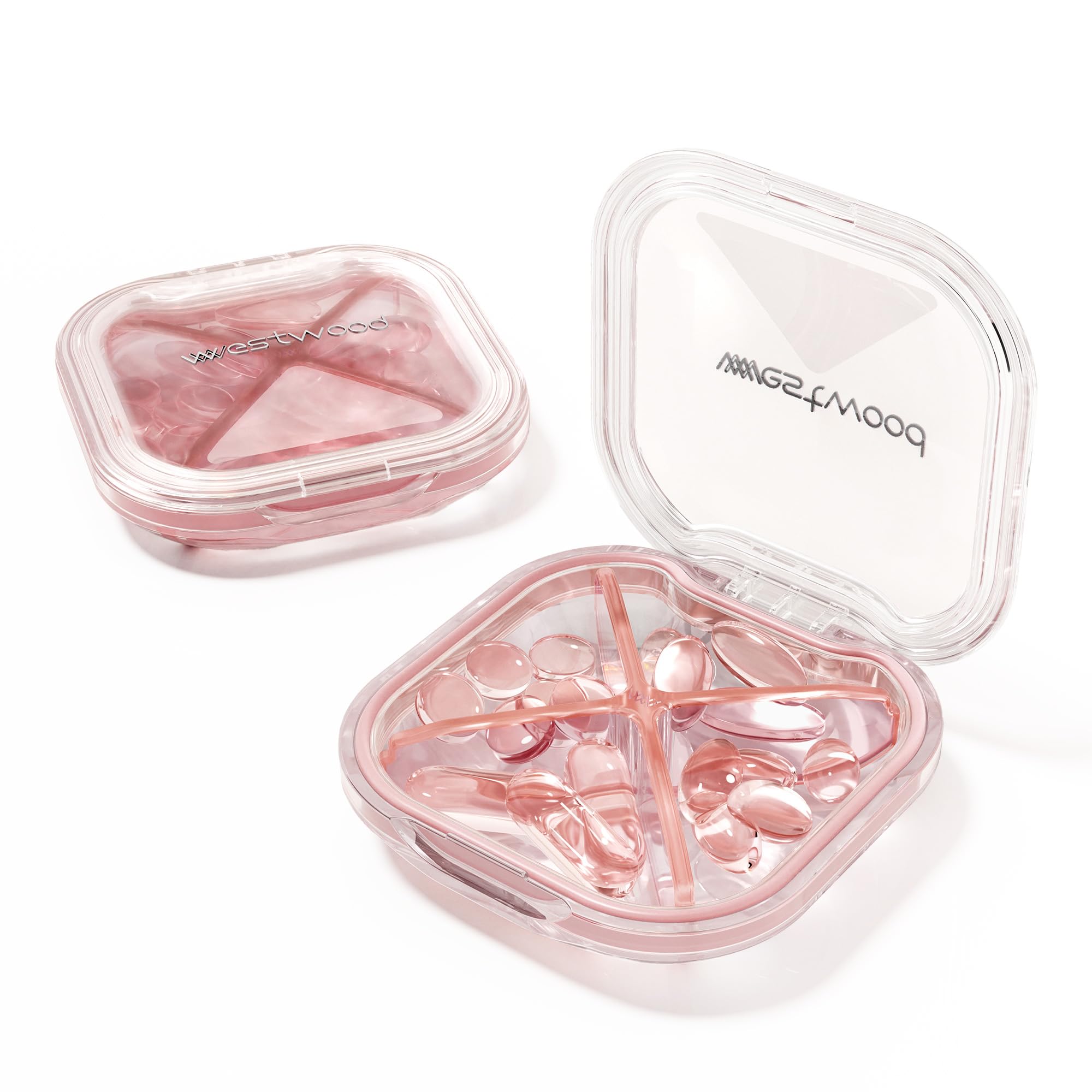 Photo 1 of 1 Pack Small Pink Pill Organizer, 4 Compartments, Compact Stylish Cute Travel Camping Pill Box Daily Medicine Pill Case, Portable and Moistureproof to Store Vitamins, Medication and Supplements