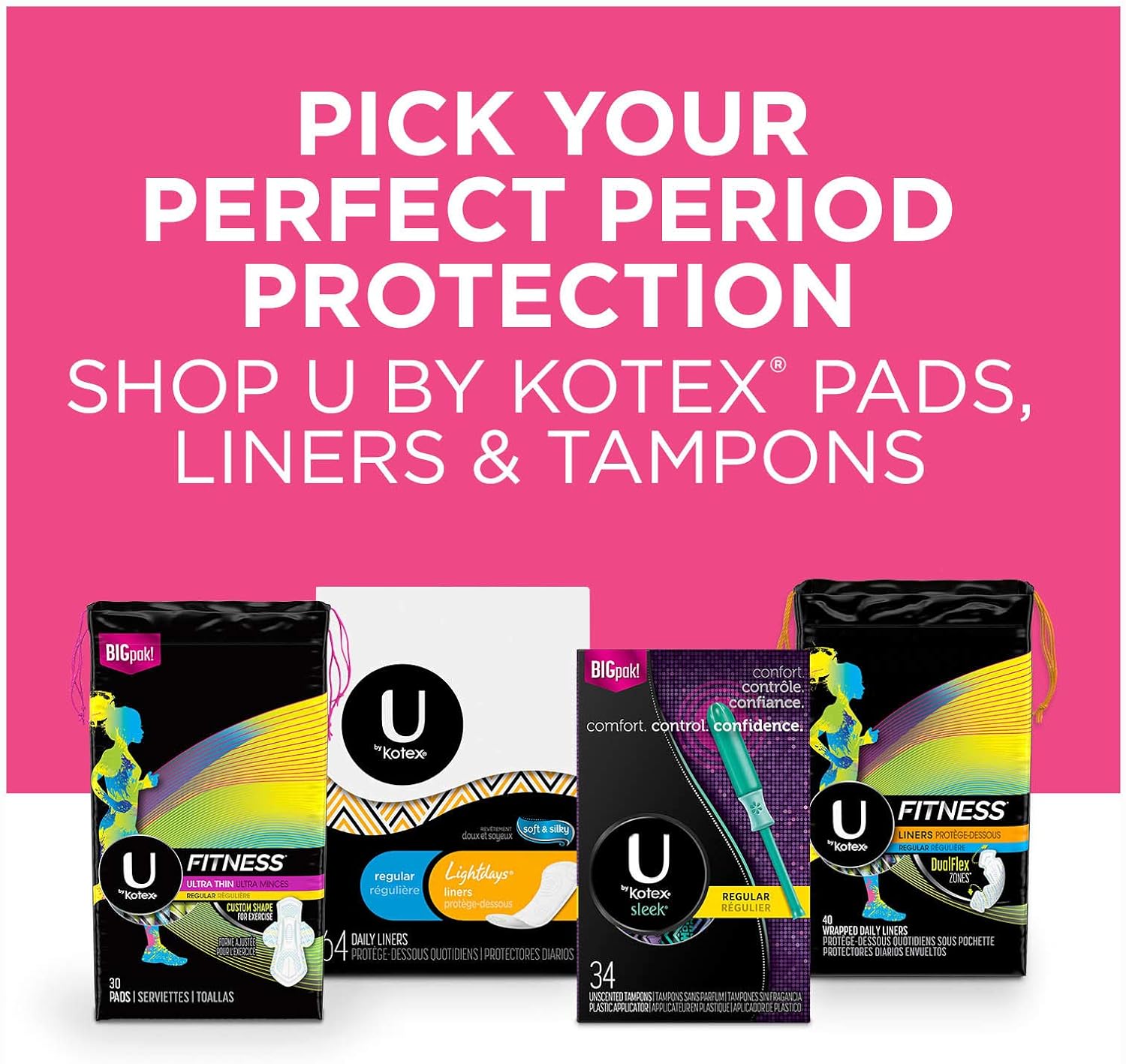 U by Kotex Fitness Ultra Thin Pads with Wings, Regular Absorbency, Fragrance-Free Pads, 30 Count: Health & Personal Care