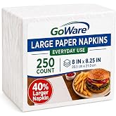GoWare Large Paper Napkins Everyday Use, Disposable White Lunch/Dinner Size | 250ct, 8"x 8.25" Folded, Table Napkin, Square, 1/4 Fold, 1-Ply, Home, Kitchen, Restaurant, Party, Picnic