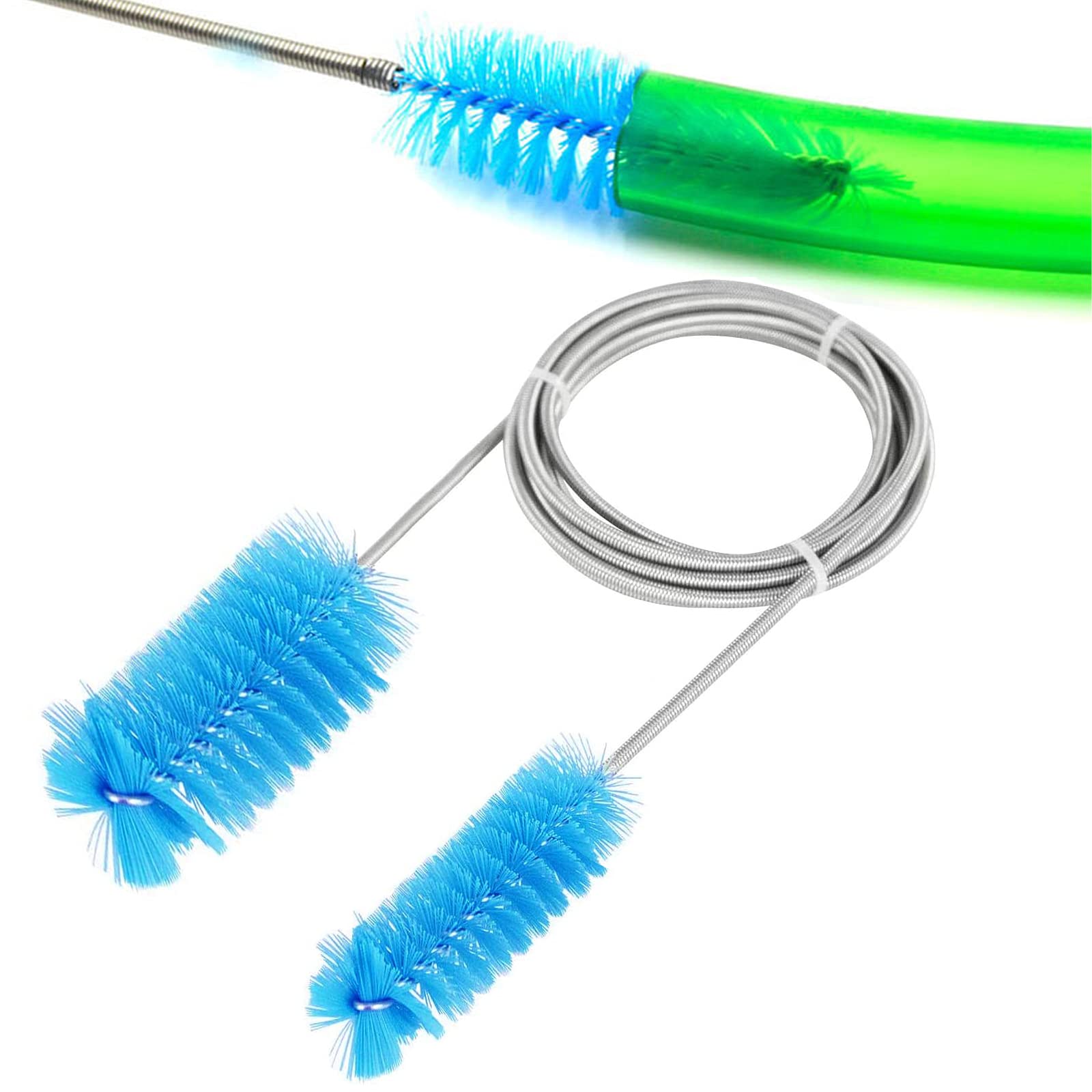 Aquarium Cleaning Brush YUTOU 155 cm Long Tube Cleaning Brush Stainless Steel Aquarium Filter Brush Flexible Double Ended Bristles Hose Pipe Cleaner for Fish Tank or Home Kitchen (Blue)