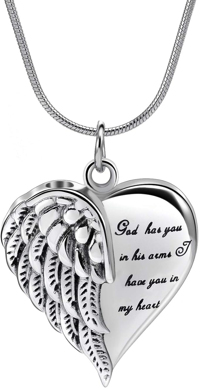 Angel Wing Charm & Heart Memorial Pendant Necklace