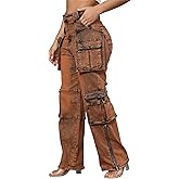 Women's High Waist Baggy Cargo Jeans Zipper Side Slit Straight Wide Leg Stretchy Denim Pants Y2K Streetwear with Pockets