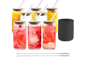 HOMBERKING Glass Cups with Bamboo Lids and Straws 8pcs Set, 20oz Can Shaped Cute Tumbler Cup with Cleaning Brushes, Beer Glasses, Iced Coffee Cups with Silicone Protective Sleeve BPA Free, Black