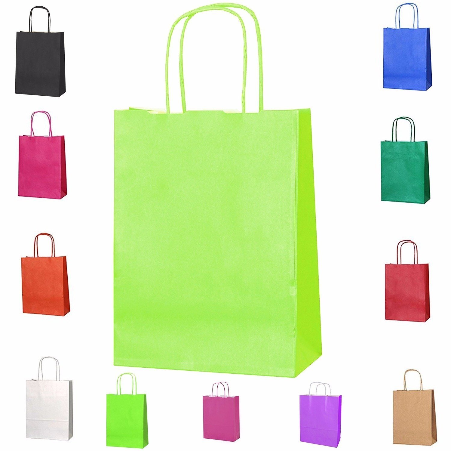 SMALL 15 Pcs Paper party bags for kids party - Gift carrier with twisted handles -Lime Green gift bags Perfect for Thanksgiving, Anniversary, Kids Birthday, Weddings, Baby Showers (31×21×11 CM)
