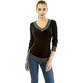 AmélieBoutik Women Cotton Blend V Neck Color Block Long Sleeve Curve Hem Sweater