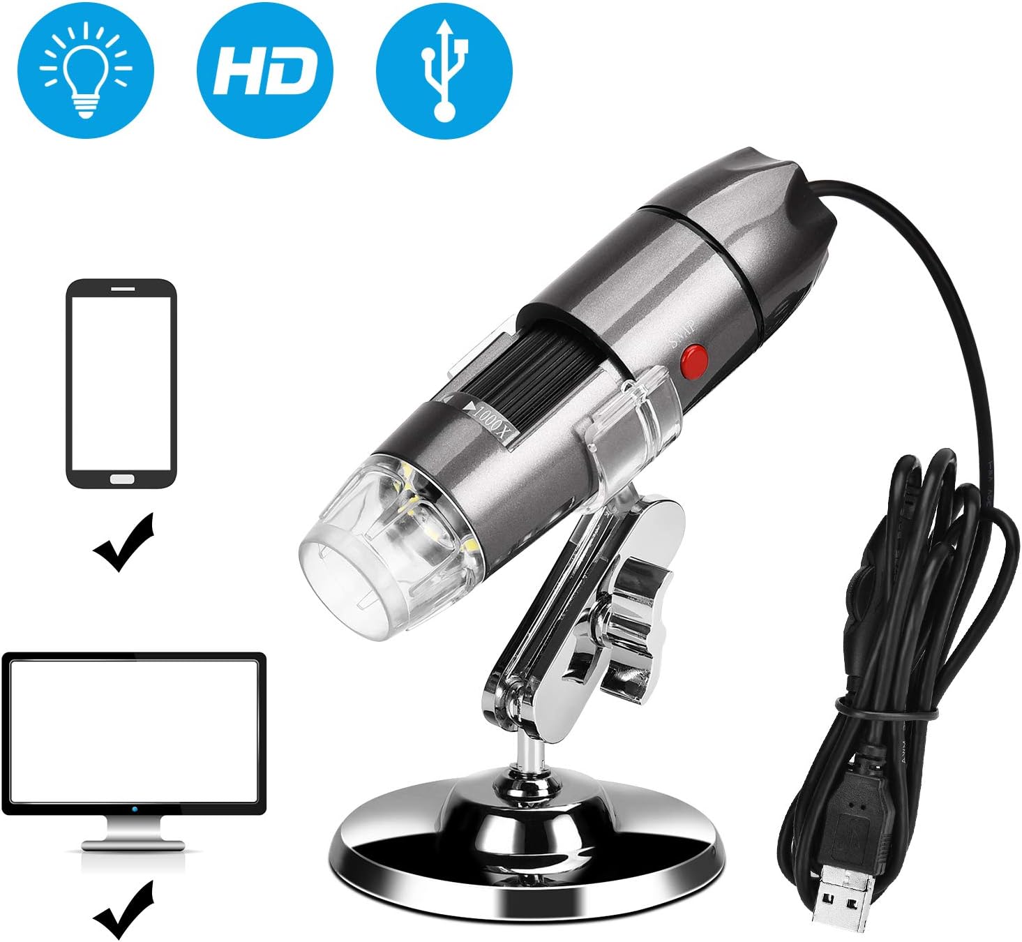 USB Microscope Handheld Digital Microscope 8 LED Magnification Microscope Camera with Stand