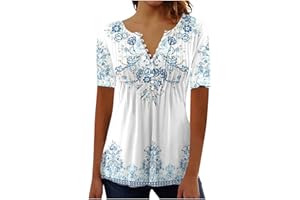 FLOLEO Womens Tops Dressy Casual Summer Floral Tops Button Notched V Neck Blouse Short Sleeve Trendy Boho Tops Going Out Tops