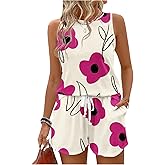 WDIRARA Women's 2 Piece Floral Set Tank Drawstring Shorts Outfits Hot Pink X-Large