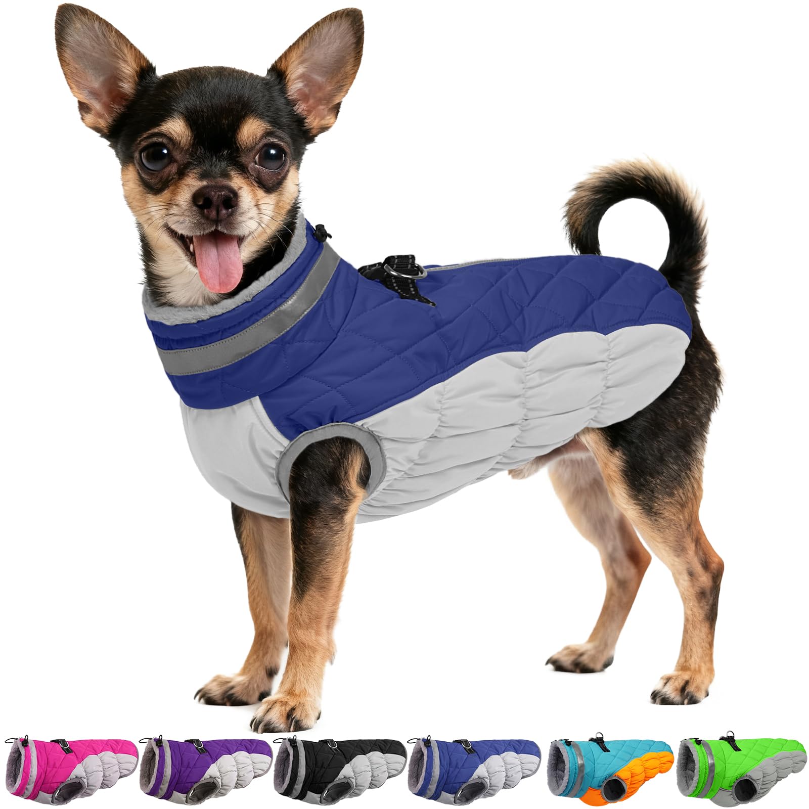 OUOBOB Dog Coat - Fleece Dog Vest with Harness, Waterproof Snowsuit, Windproof Winter Jacket, Puffer Jacket Blue XS