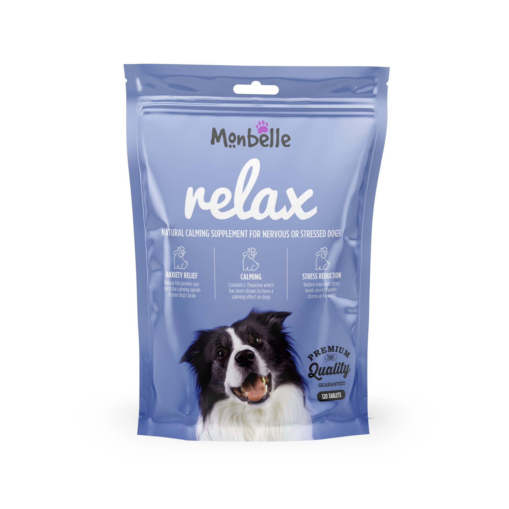 Monbelle Relax Dog Calming Tablets, Natural Anxiety Relief Supplement for Stressed or Nervous Dogs, Supports Healthy Brain Function & Hormone Balance, Vet-Trusted, UK-Made, 120 Tablets