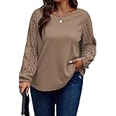 Eytino Womens Plus Size Tops Lace Long Sleeve Waffle T Shirts Casual Crewneck Tunic Tops(1X-5X)
