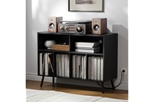 Cozy Castle Record Player Stand with Vinyl Storage Cabinet, Wood Turntable Table Open Shelf Holder Up to 350 Albums Cube Storage Organizer for Living Room, Office, Black