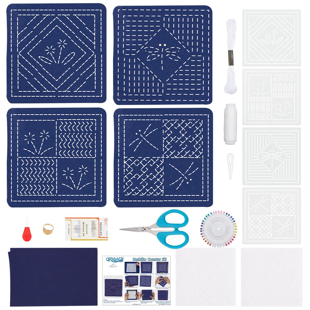 FREEBLOSS DIY Sashiko Coaster Kit - Dragonfly Sashiko Embroidery Kit for Adults with 4 Coaster Samplers, Japanese Embroidery Thread and Needles
