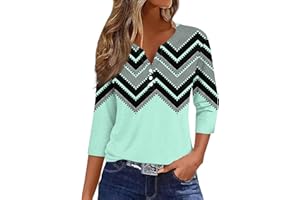 RPVATI Summer Women's T Shirts Button V Neck 3/4 Sleeve Tops Henley Floral Striped Print Tees Tunic Blouses