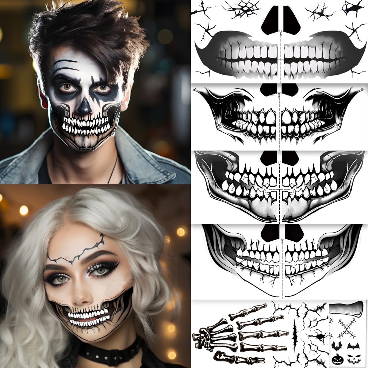 ENAYCOS Halloween scary face tattoos, skeleton mouth tattoo, halloween big mouth tattoos sticker, skeleton costume, halloween accessories, devil face temporary tattoo halloween makeup adults (A)