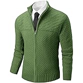 Runcati Mens Zip Up Cardigan Sweater Casual Stand Collar Textured Knit Ribbed Chunky Sweaters