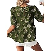 BLENCOT Women's Babydoll Peplum Tops Boho Puff Short Sleeve Bowknot Back Shirts Cute Summer Blouses