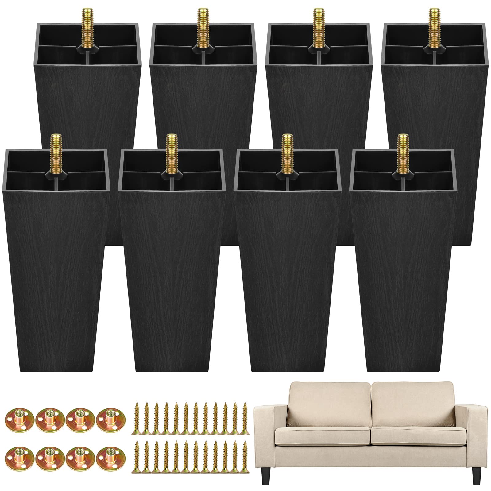 Photo 1 of TURSTIN 8 Pack 5.7 Inch Furniture Legs Plastic Sofa Coach Legs Square Tapered Feet Sofa Legs with M8 T-Nuts Screws for Legs Sofas Chairs Cabinets Dressers Beds, Black