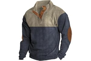MGWTFZDL Mens Corduroy Sweater with Elbow Patches Long Sleeve Button Turtleneck Polo Shirts Vintage Waffle Sweatshirts