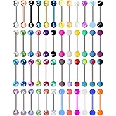 FIRSAUKI 48Pcs 14G Colorful Ball Tongue Rings for Women Men Surgical Stainless Steel Nipple Rings Acrylic Plastic Tongue Barbells Piercing Jewelry Bar Length 16mm