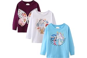 HILEELANG Girl Long Sleeve Shirts Christams Tops Tees Cotton Casual Stripe Crewneck Graphic Jersey Tunic T-Shirts 3 Packs Sets