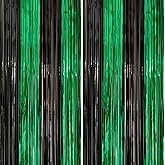 2 Pack 3.3x6.6ft Black Green Metallic Tinsel Foil Fringe Backdrop Window Door Streamers Birthday St Patrick's Day Halloween Bachelorette Graduation Video Game Hawaiian Jungle New Year Party Decoration